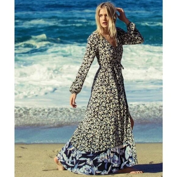 Billabong Blue Floral Maxi Dress M Long Sleeves ALLEGRA Kimono Retro Y2K Coquett - Picture 1 of 10
